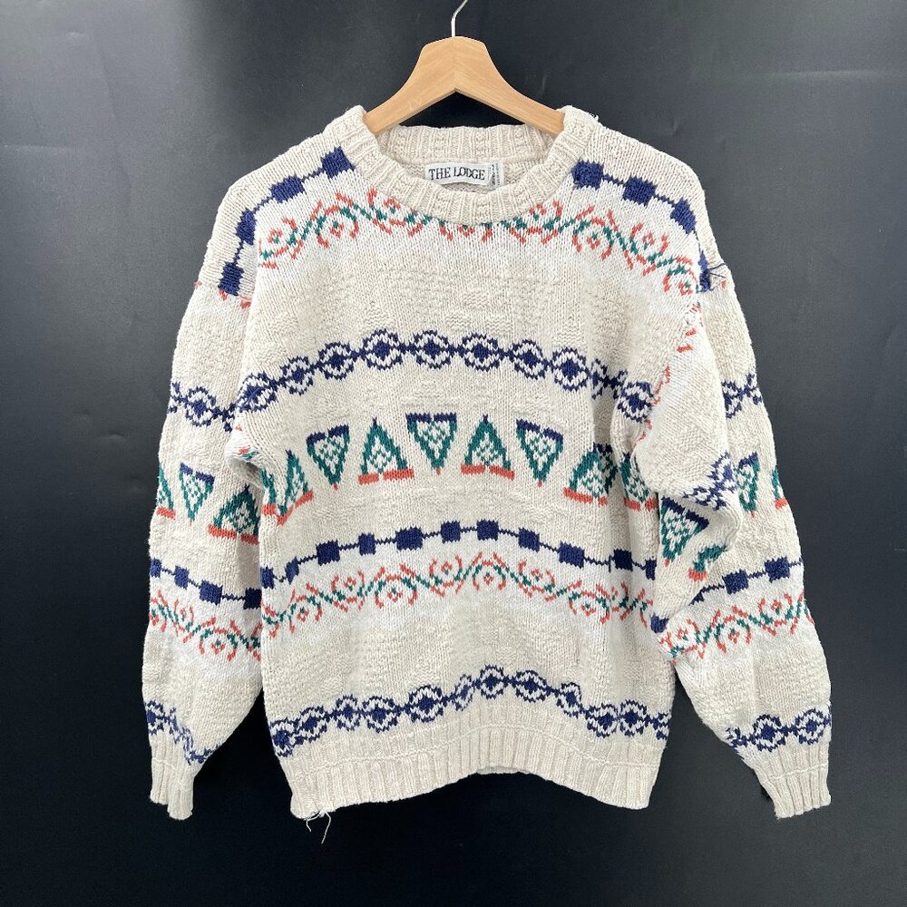 Vintage  90s y2k The Lodge 100%‎ cotton southwest knit sweater indie fisherman S